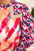 Abstract Geometric Pattern Flounce Sleeve Blouse