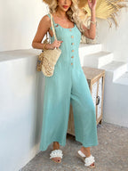Devine Button Front Knotted Strap Wide Leg Jumpsuit