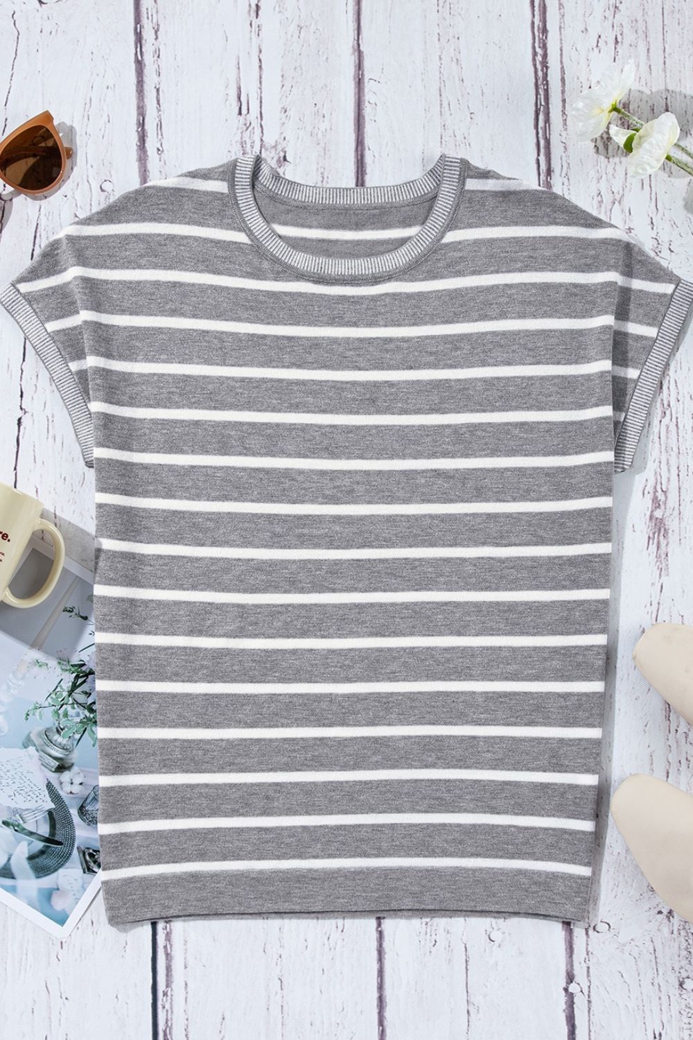 Striped Short Sleeve Knit Top - felvior