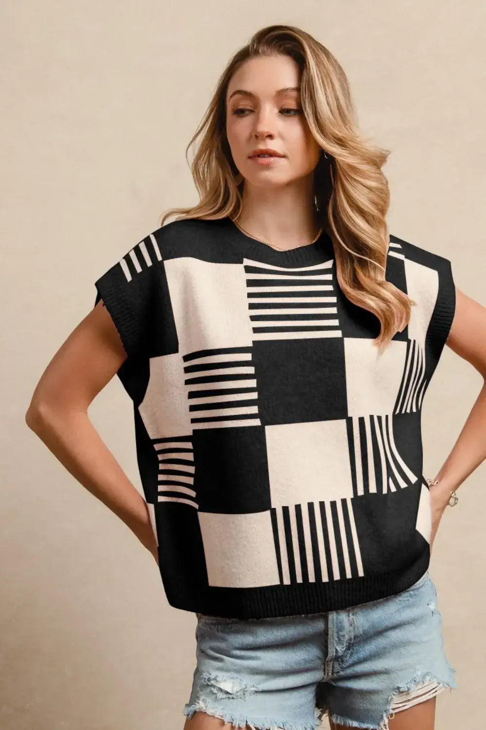 BiBi Checker With Stripes Pattern Sleeveless Sweater Hauptbild