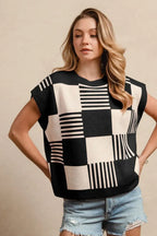 BiBi Checker With Stripes Pattern Sleeveless Sweater