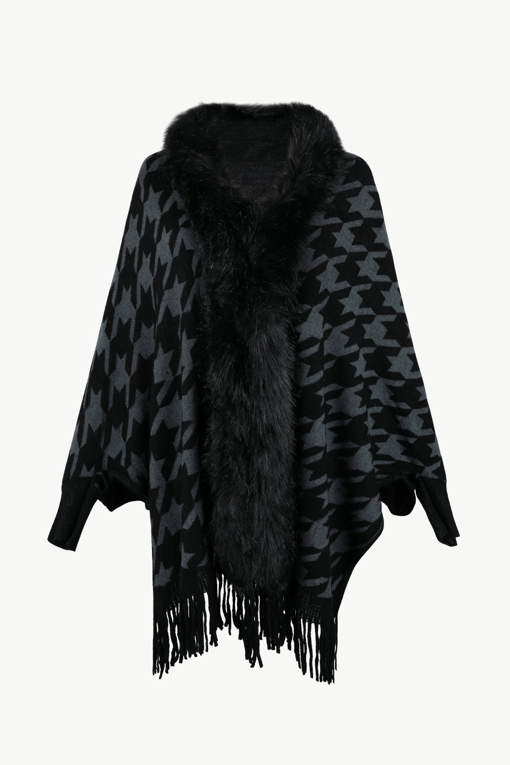 Houndstooth Fringe Hem Poncho - felvior