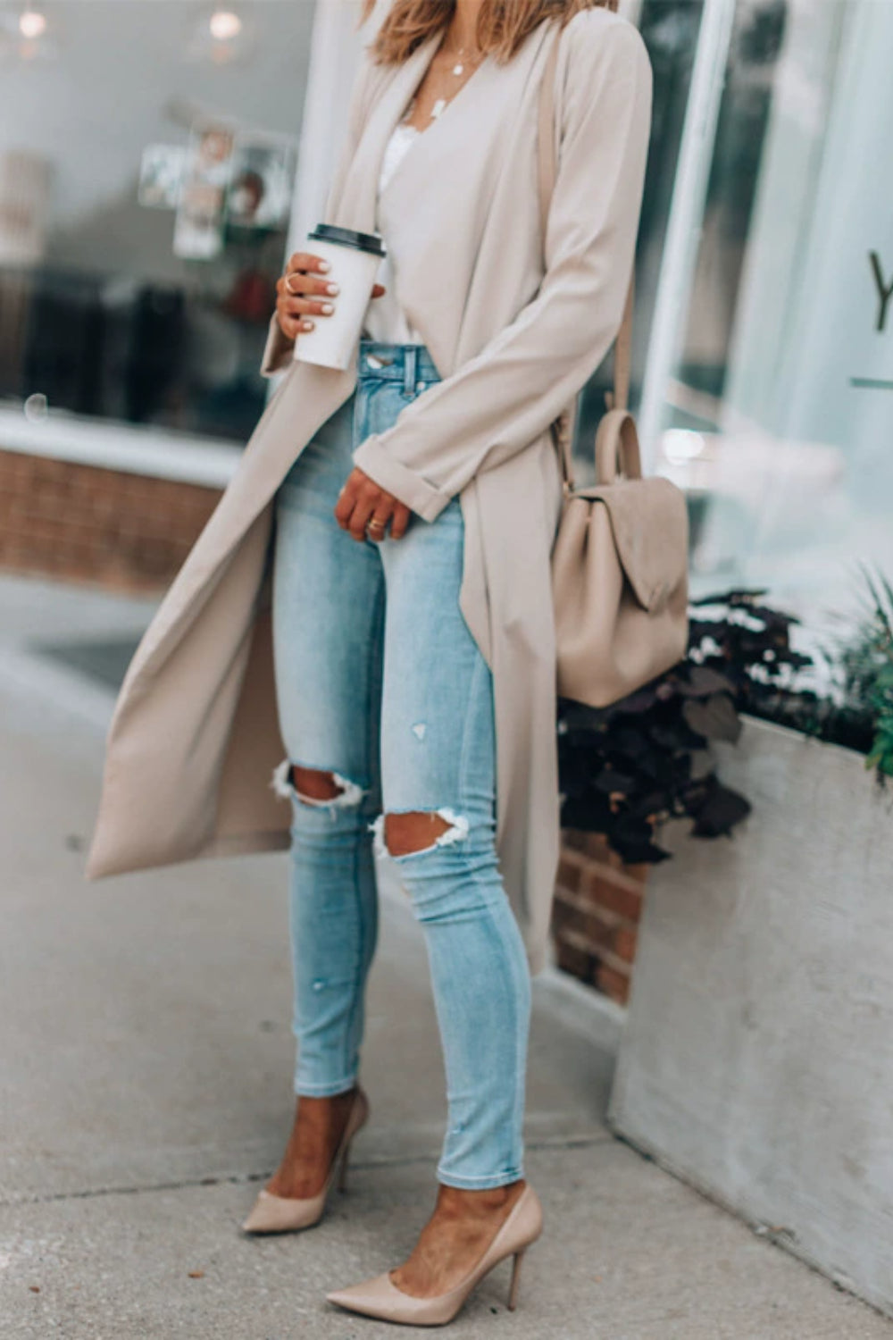 Open Front Long Sleeve Trench Coat - felvior