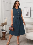Plus Size Button Front Tie Waist Sleeveless Dress