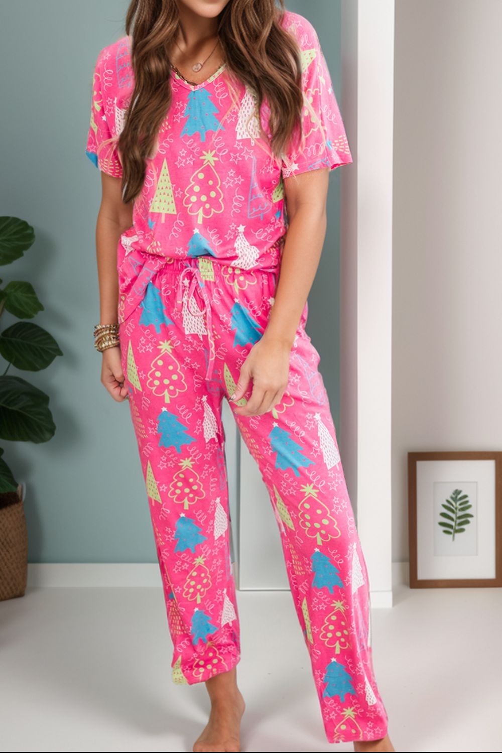 Printed V-Neck Short Sleeve Top and Pants Lounge Set - felvior