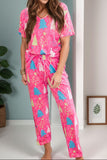 Printed V-Neck Short Sleeve Top and Pants Lounge Set - felvior