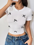 Heart Bow Round Neck Short Sleeve T-Shirt