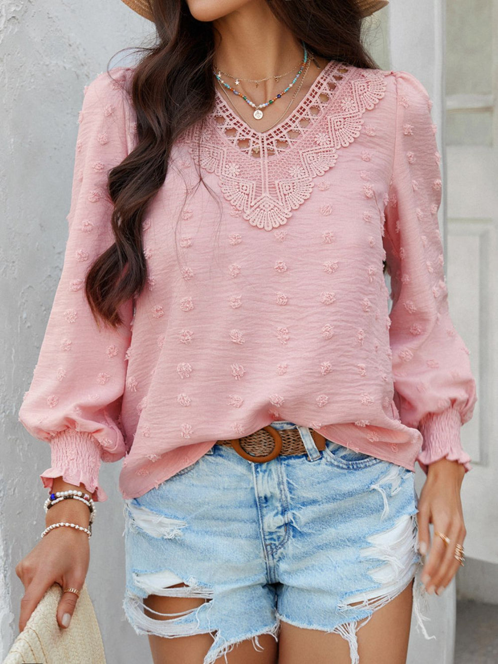 Devine Swiss Dot Lace Detail V-Neck Long Sleeve Blouse - felvior