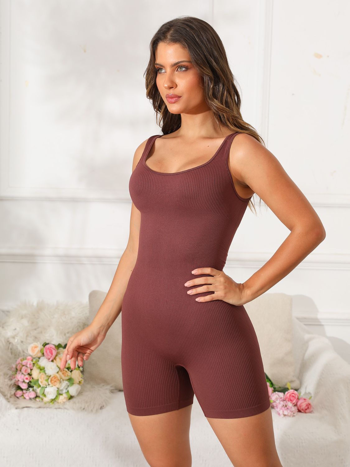 Scoop Neck Wide Strap Active Romper - felvior