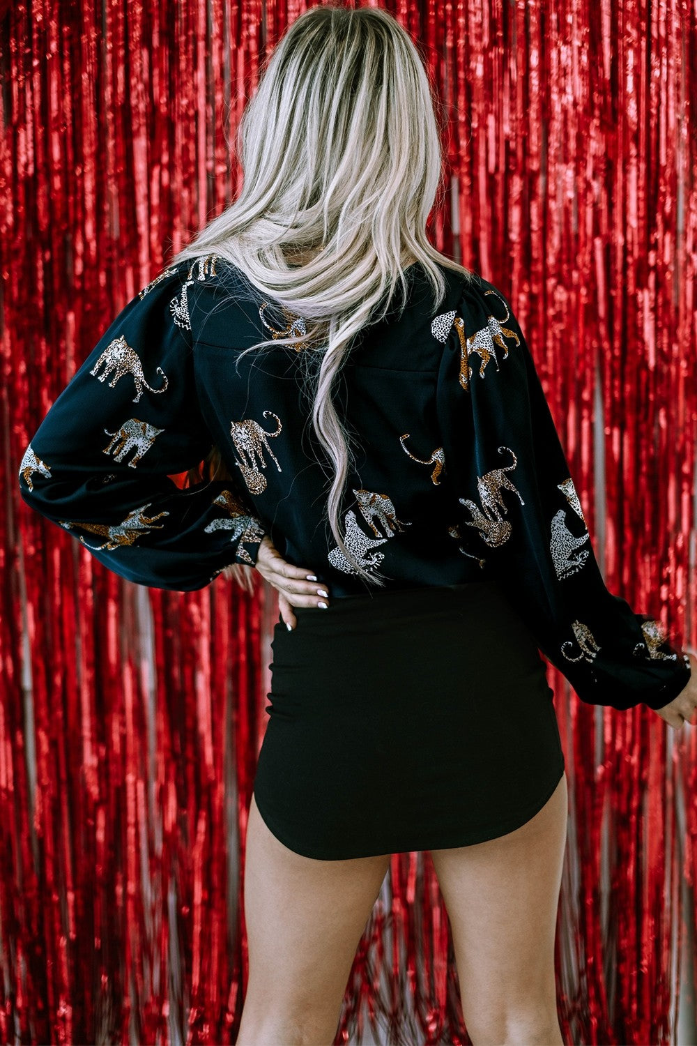 Animal Pattern Round Neck Long Sleeve Blouse - felvior