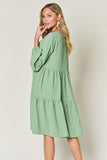 Double Take Full Size V-Neck Balloon Sleeve Tiered Dress with Pockets - felvior