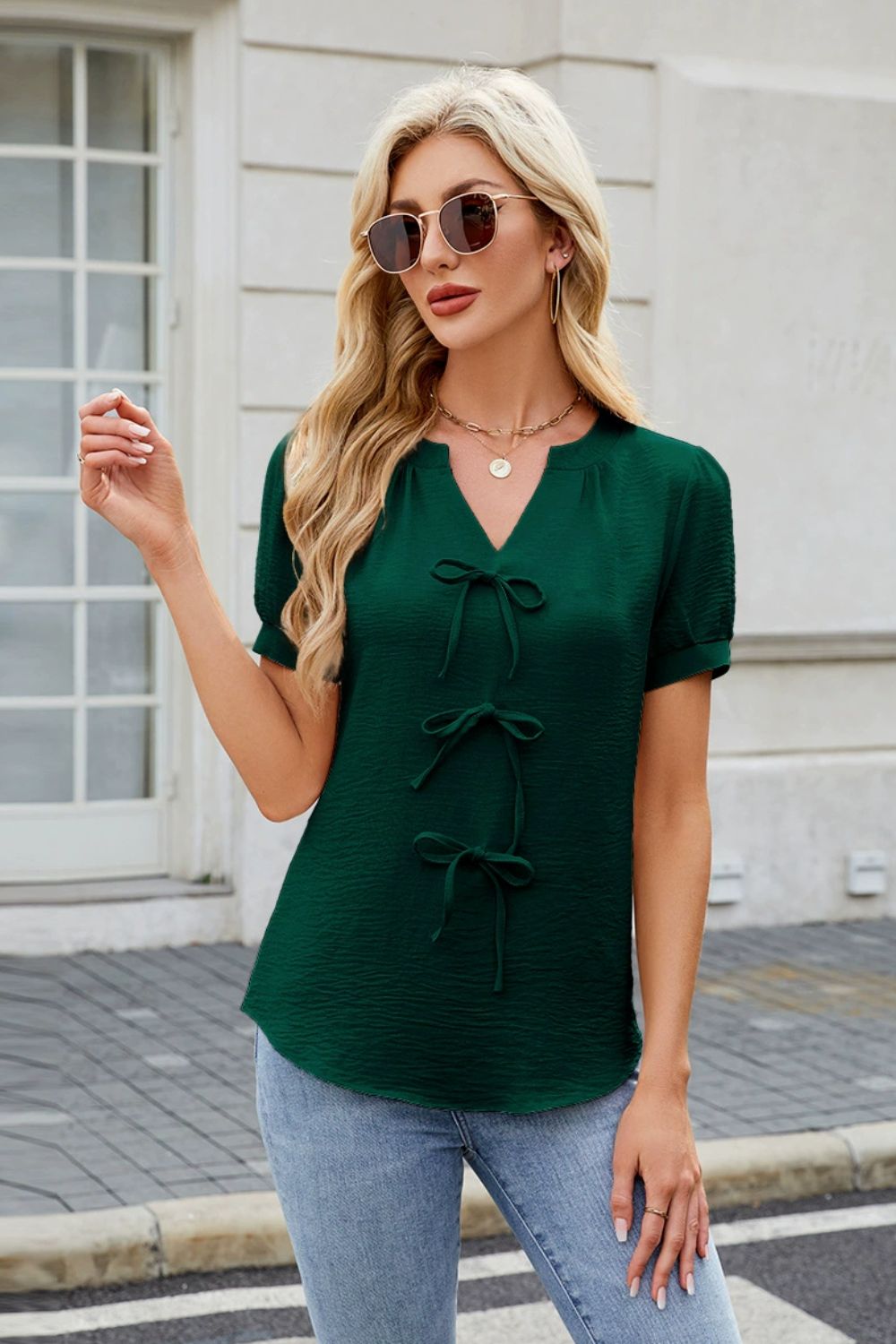 Notched Short Sleeve Blouse - felvior