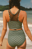 Dotted Mesh Plaid Patchwork High Waisted Swim Set - felvior