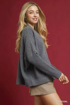 Umgee V-Neck Sweater with Wide Trim Detail