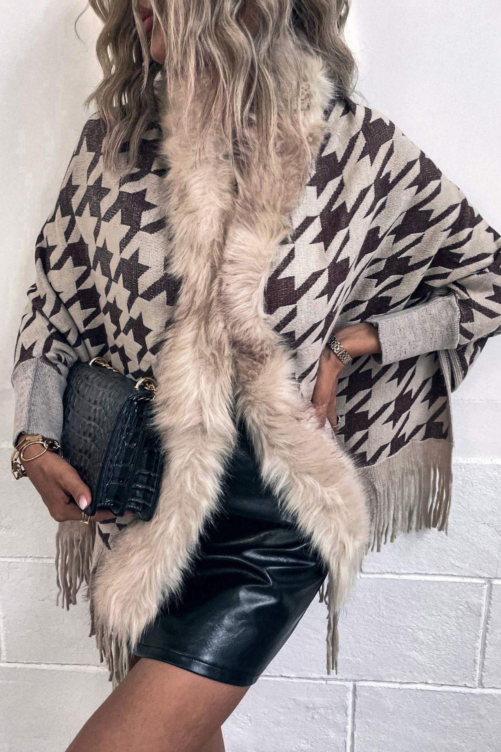 Houndstooth Fringe Hem Poncho - felvior