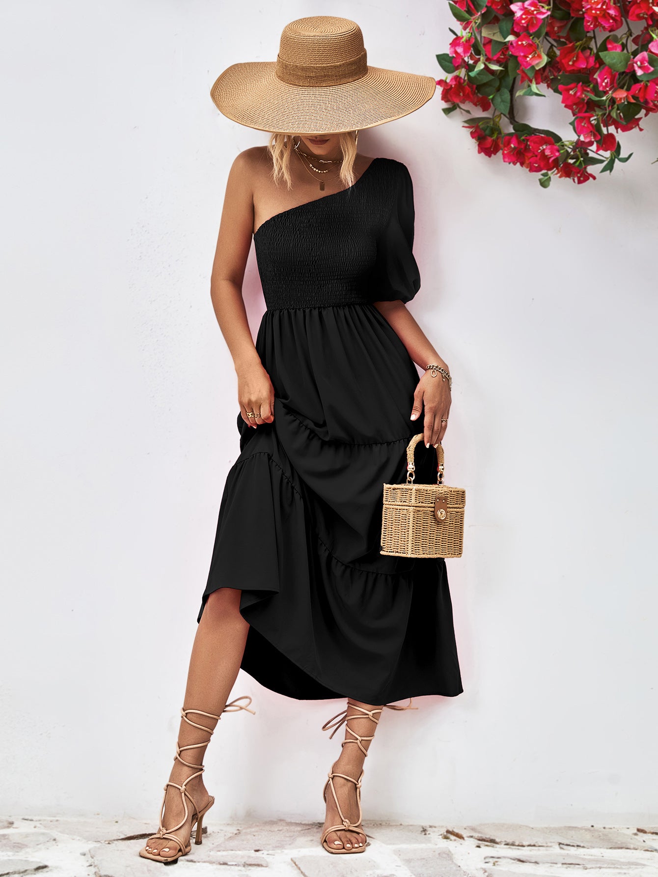 Smocked One-Shoulder Midi Dress - felvior