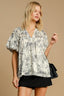 Umgee Full Size Floral Print Metallic Ruffle Blouse Plus Size