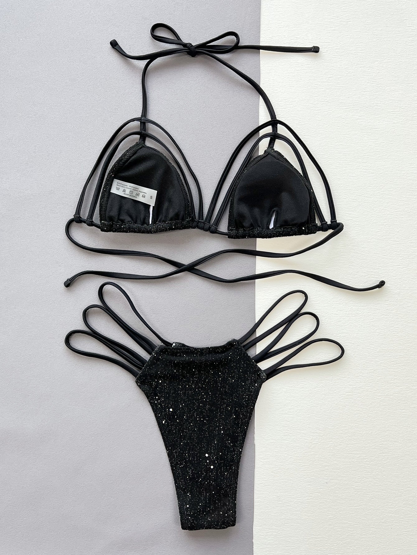 Glitter Halter Neck Strappy Two-Piece Bikini Set - felvior
