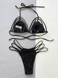 Glitter Halter Neck Strappy Two-Piece Bikini Set - felvior