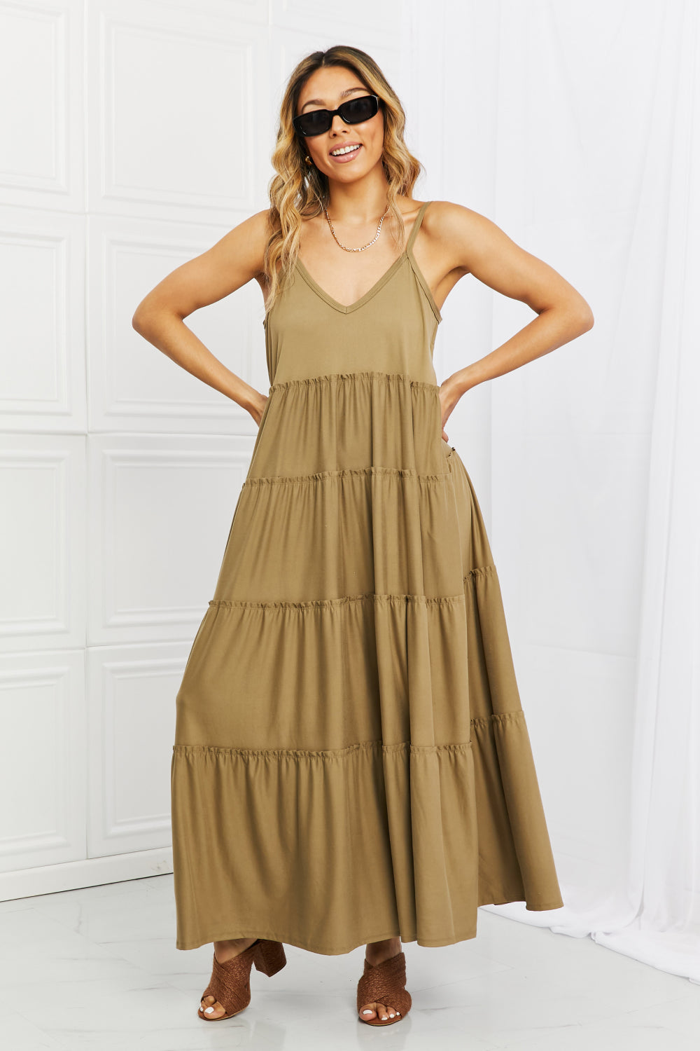 Zenana Full Size Spaghetti Strap Tiered Dress with Pockets in Khaki - felvior