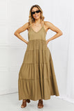 Zenana Full Size Spaghetti Strap Tiered Dress with Pockets in Khaki - felvior