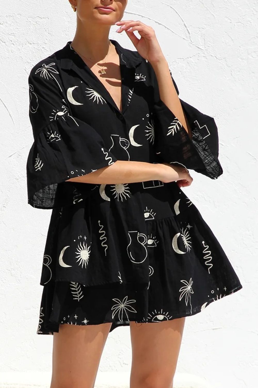 Ruched Printed Three-Quarter Sleeve Mini Dress - felvior