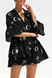 Ruched Printed Three-Quarter Sleeve Mini Dress - felvior