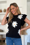 Double Take Full Size Ruffled Flower Round Neck Cap Sleeve Sweater - felvior
