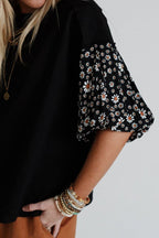 Contrast Floral Puff Sleeve Oversized Top