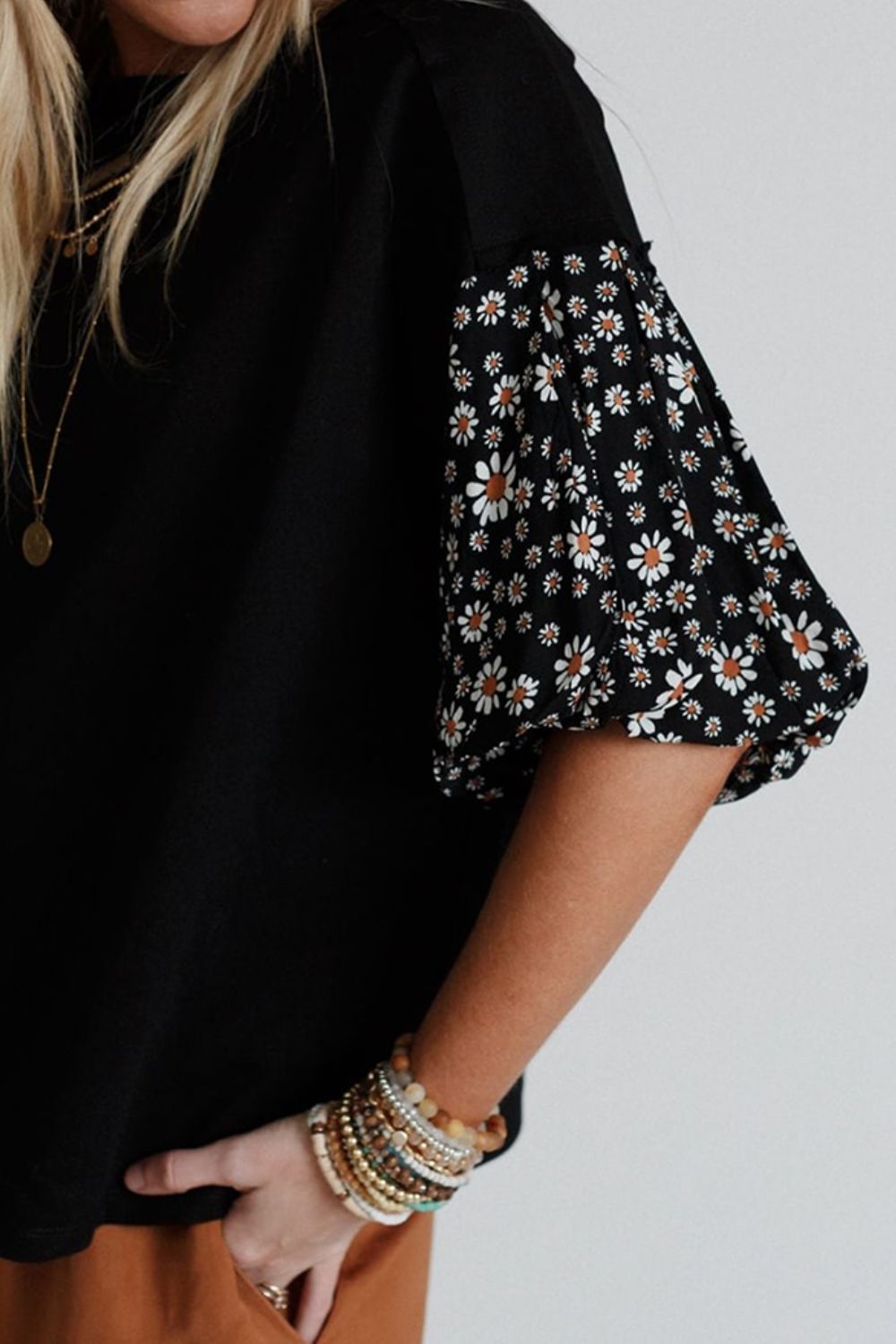 Contrast Floral Puff Sleeve Oversized Top