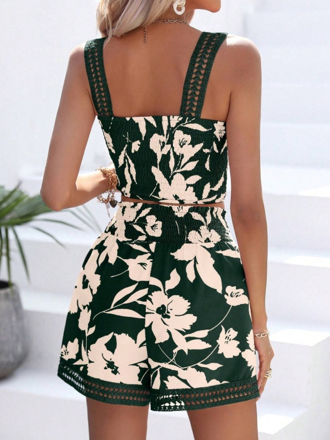 Smocked Printed Square Neck Top and Shorts Set - felvior