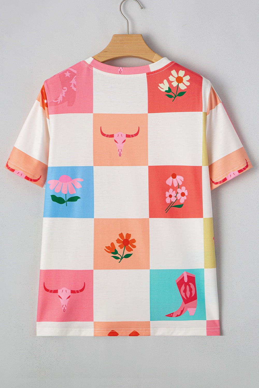 Checker Print Round Neck Short Sleeve T-Shirt - felvior