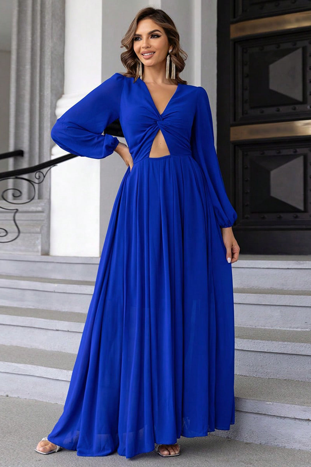 Twist Front Cutout Long Sleeve Dress - felvior