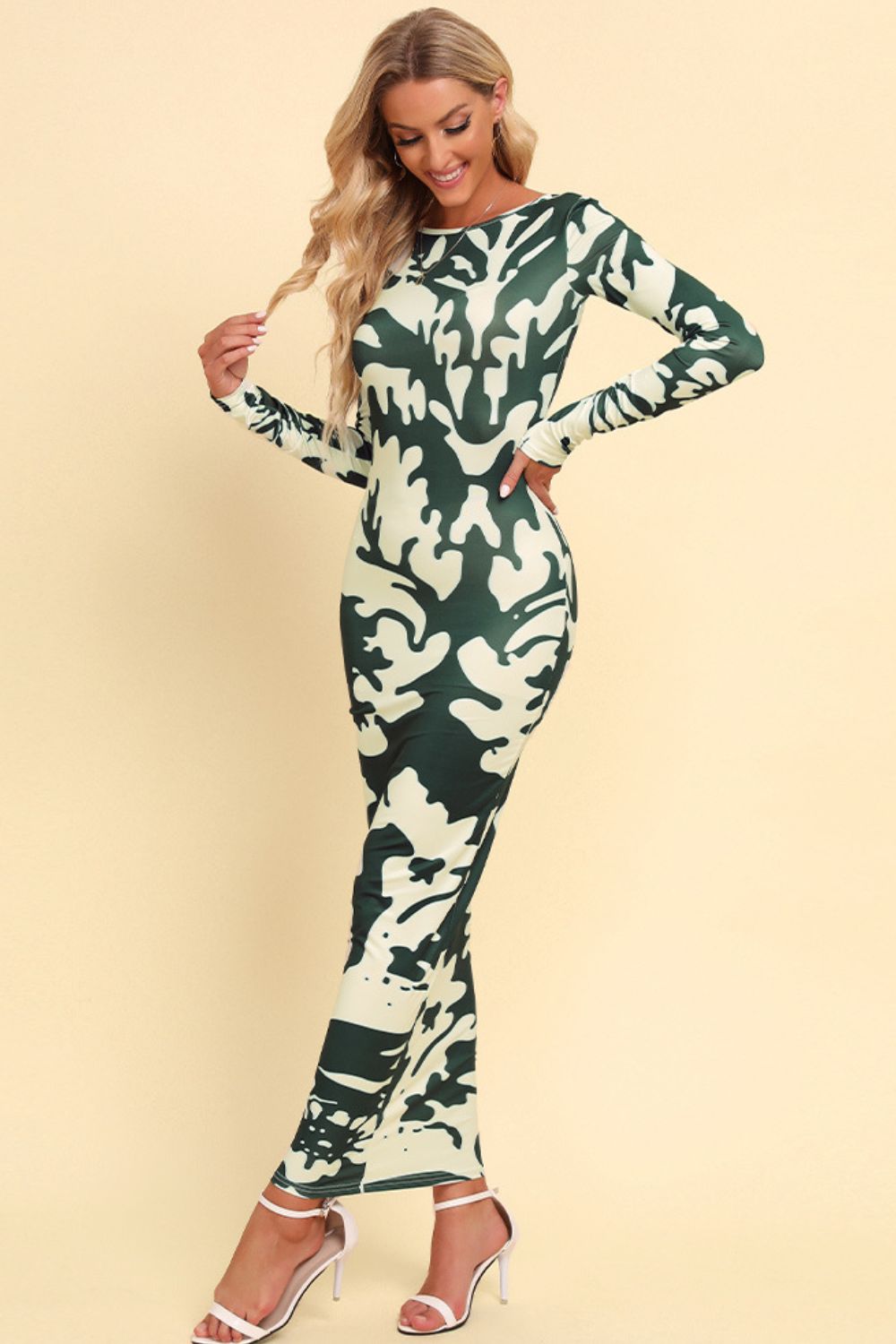 Printed Backless Long Sleeve Maxi Dress - felvior