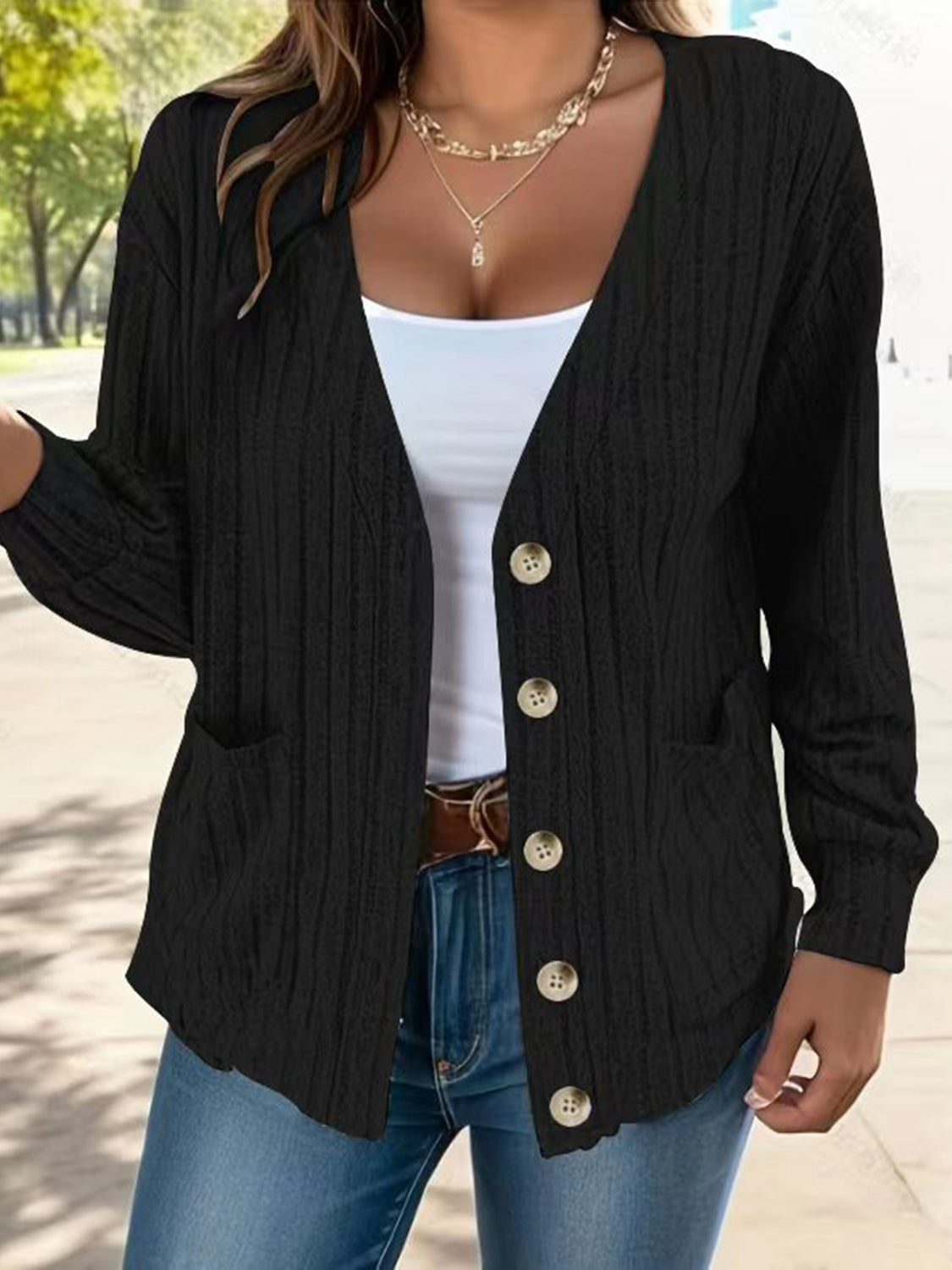 Full Size Button Up V-Neck Long Sleeve Cardigan - felvior