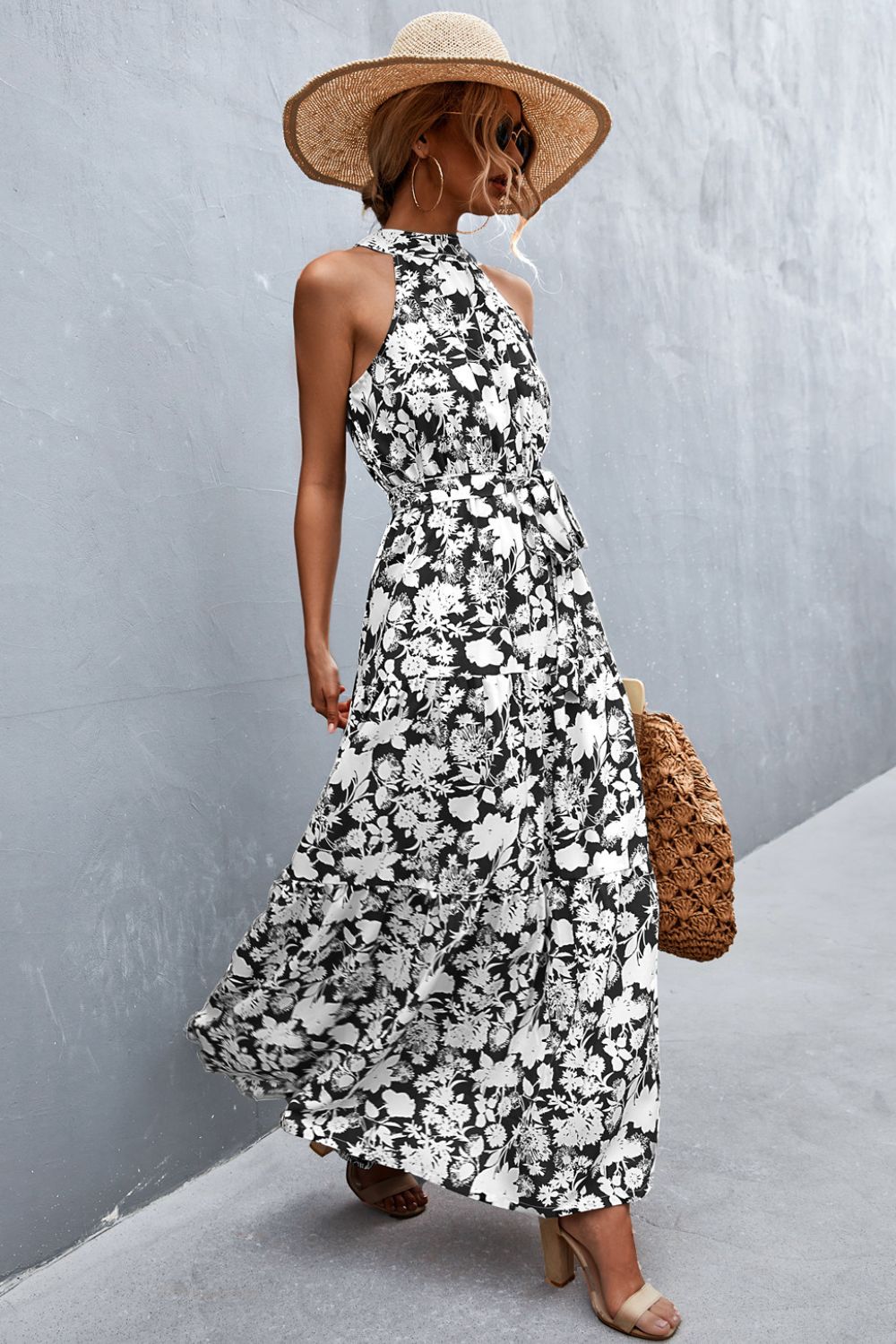 Printed Sleeveless Tie Waist Maxi Dress - felvior