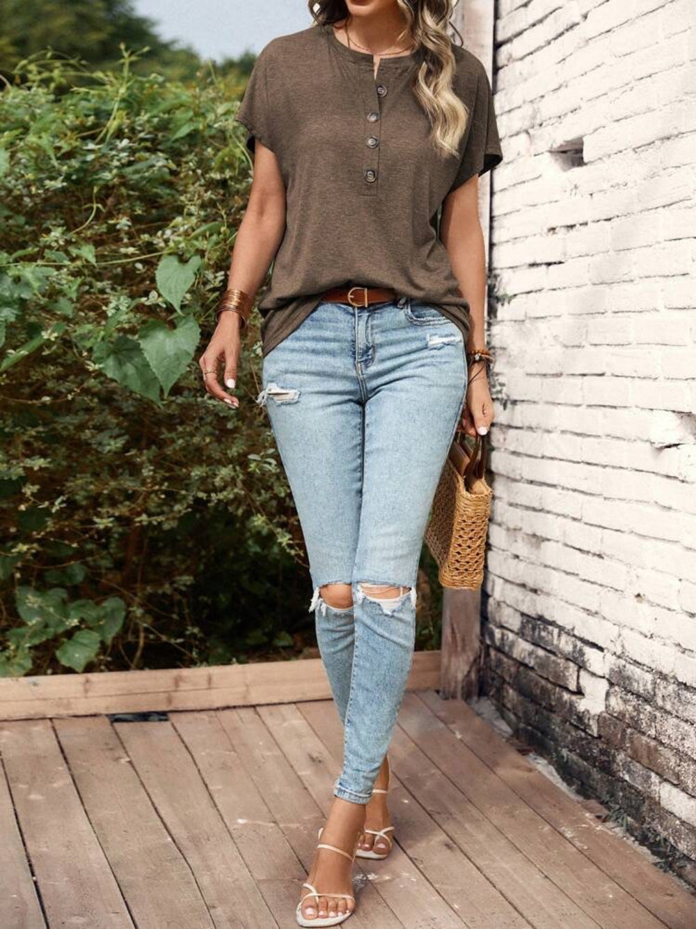 Half Button Short Sleeve Top