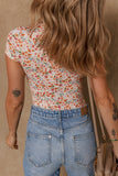Printed Ruched Short Sleeve Bodysuit - felvior