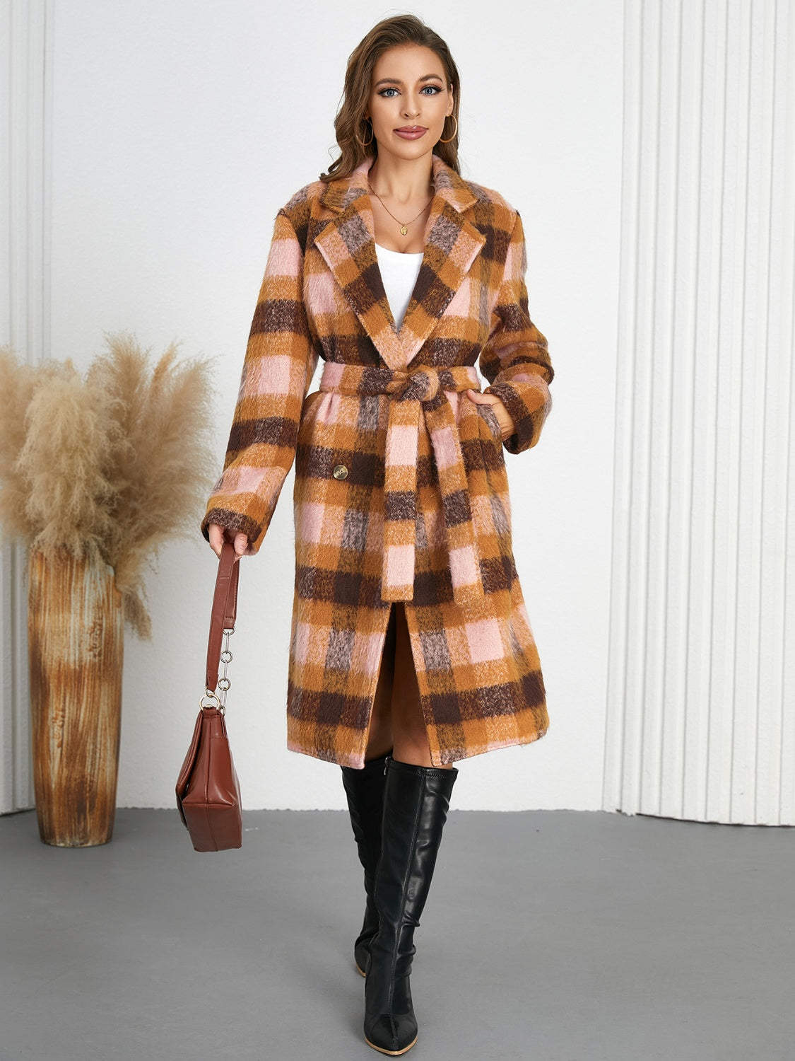 Tied Plaid Collared Neck Coat - felvior
