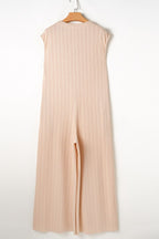 Textured Button Front Wide Leg Cap Sleeve Jumpsuit