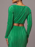 Ruched Cowl Neck Top and Maxi Skirt Set - felvior