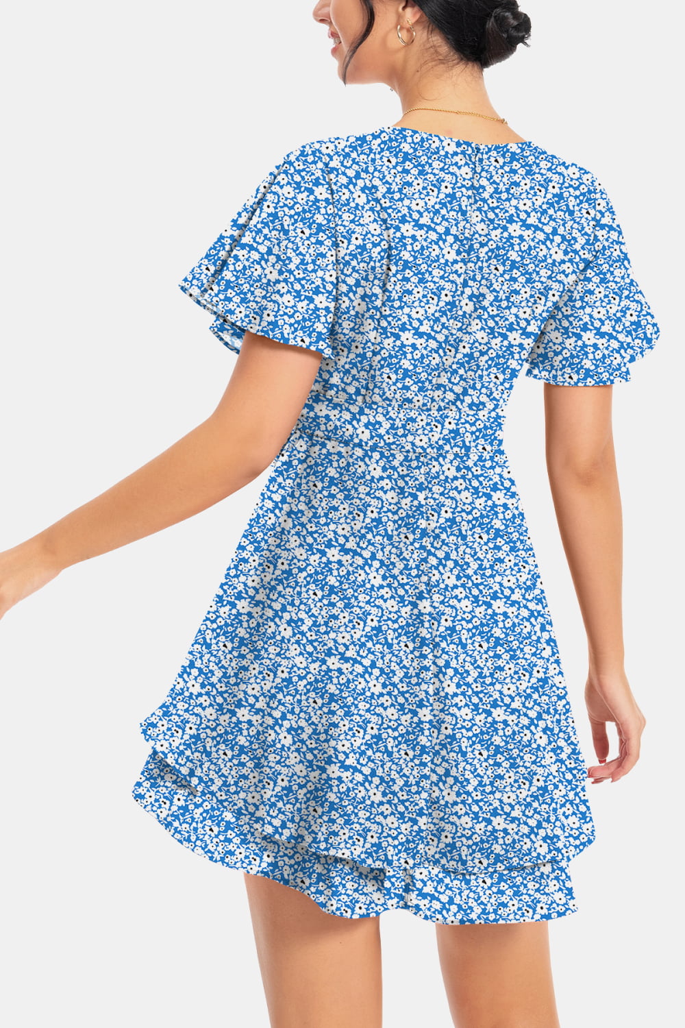 Surplice Neck Flutter Sleeve Dress - felvior