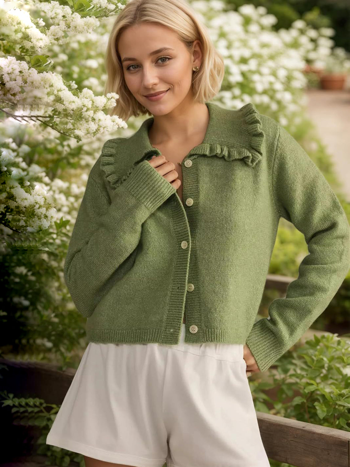 Frill Button Up Collared Neck Long Sleeve Cardigan - felvior