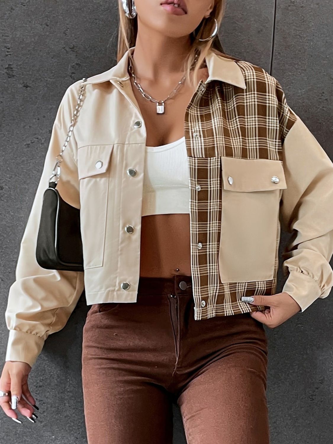 Snap Down Color Block Plaid Jacket - felvior