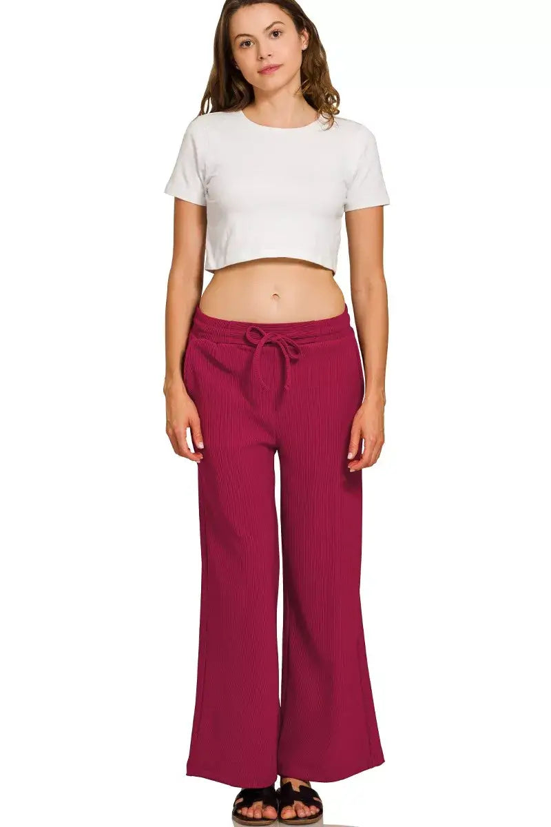 Zenana Ribbed Round Neck Pullover and Drawstring Pants Set