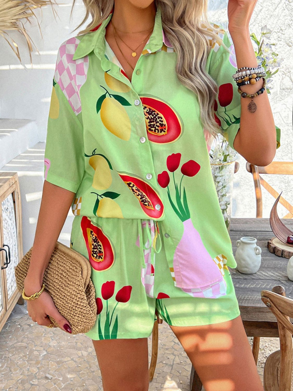 Devine Printed Button Down Shirt and Shorts Set