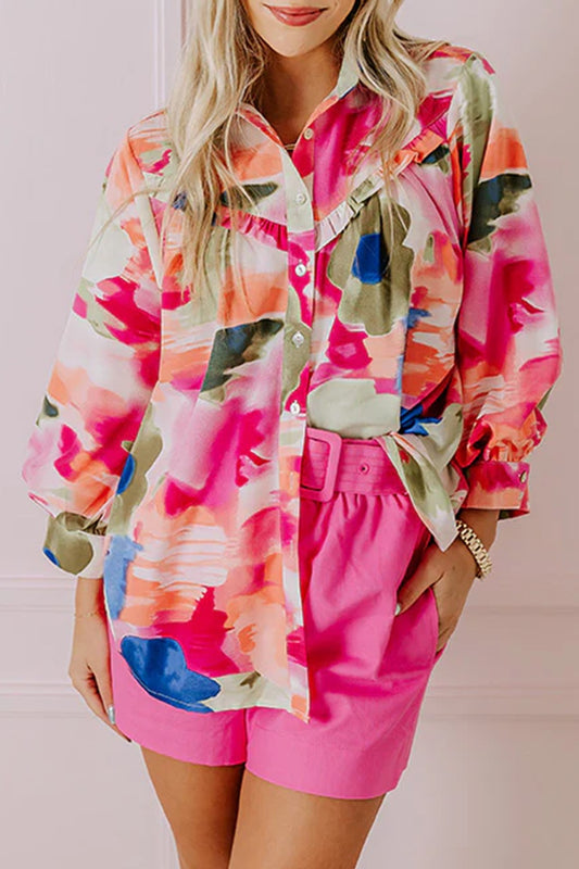 Abstract Print Collared Neck Long Sleeve Shirt - felvior