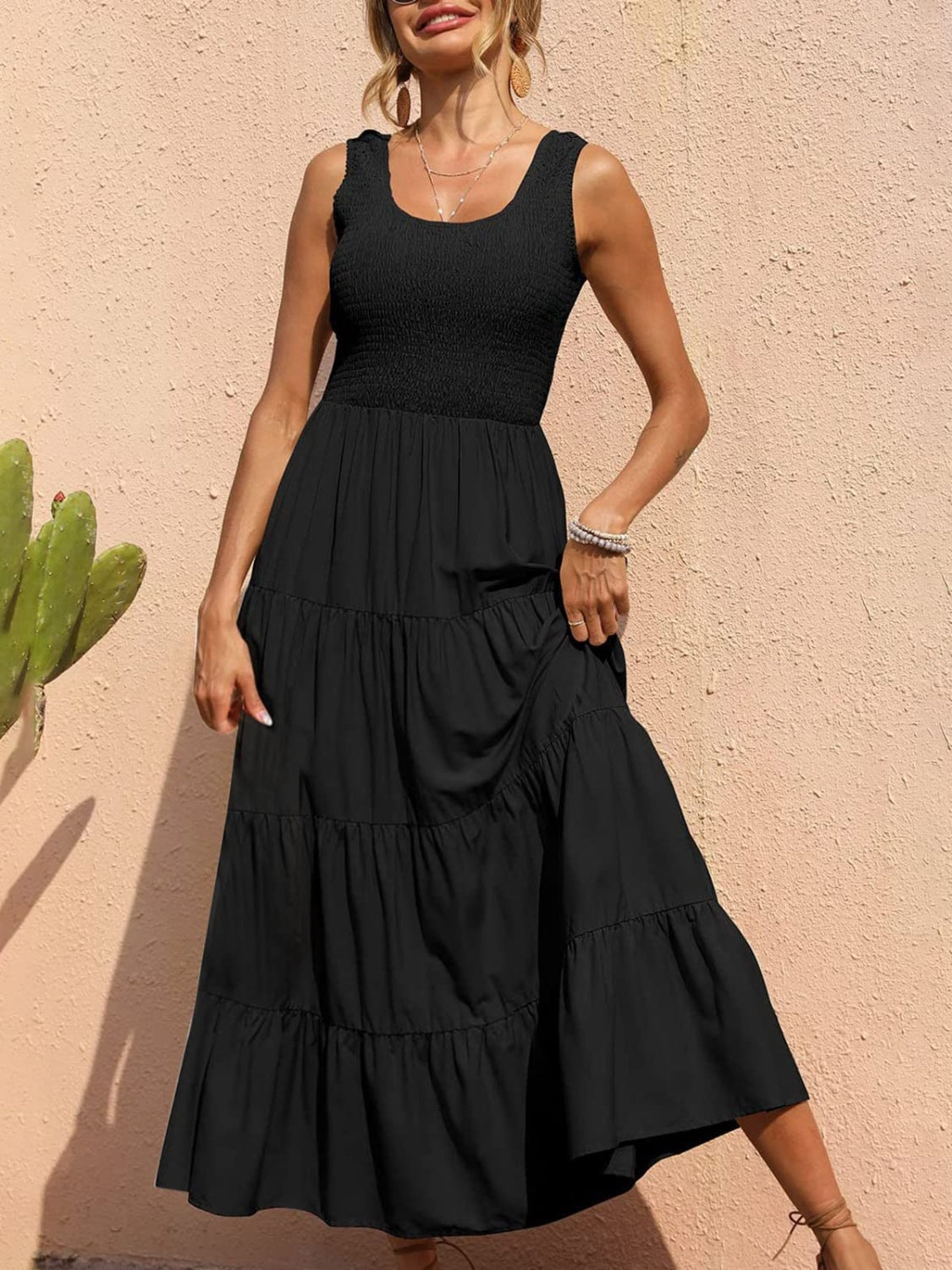 Tiered Smocked Wide Strap Dress - felvior