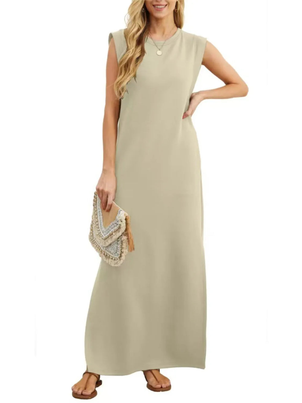 Full Size Slit Round Neck Sleeveless Maxi Tank Dress Plus Size