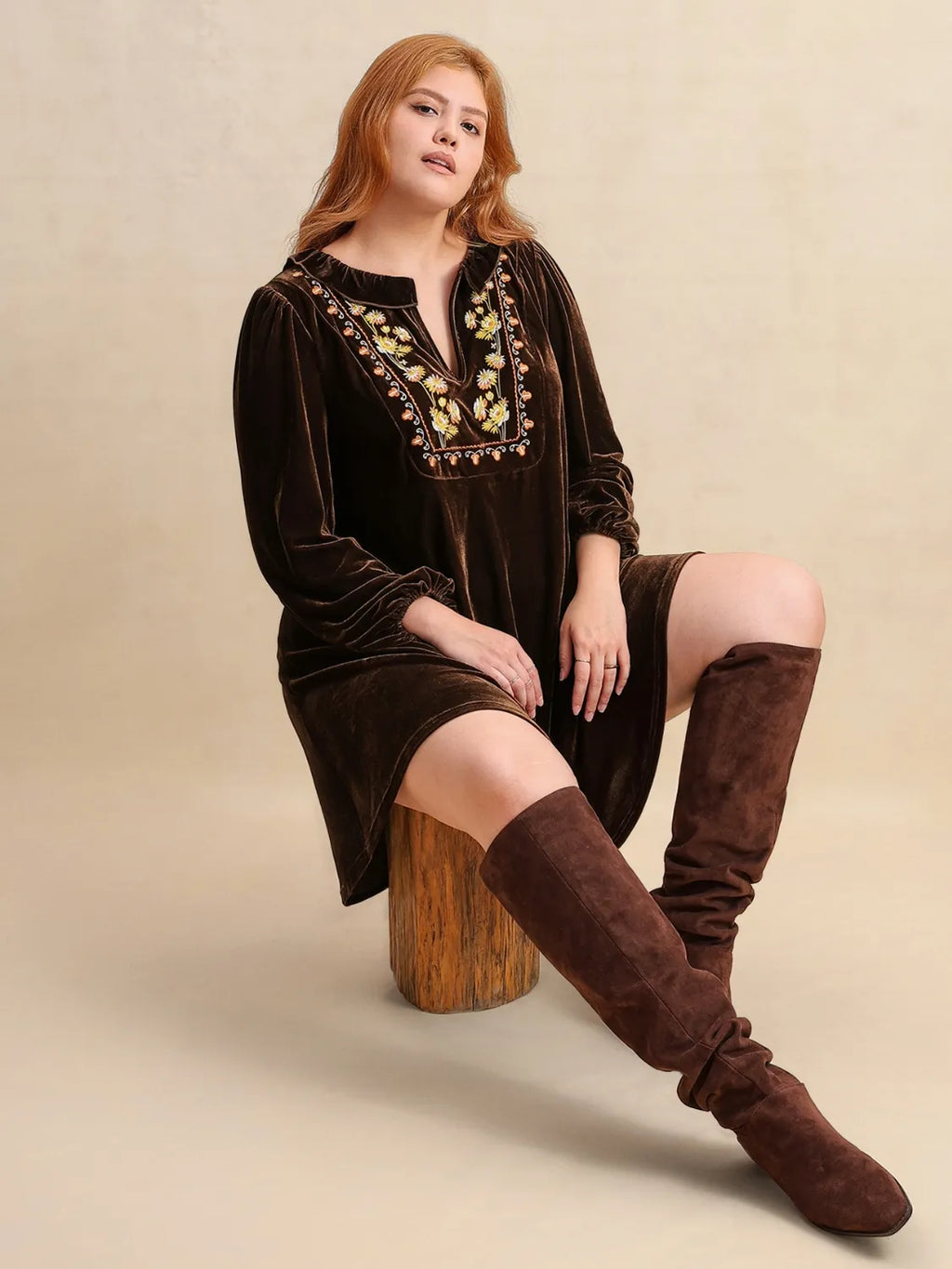 Plus Size Embroidered Notched Balloon Sleeve Mini Dress